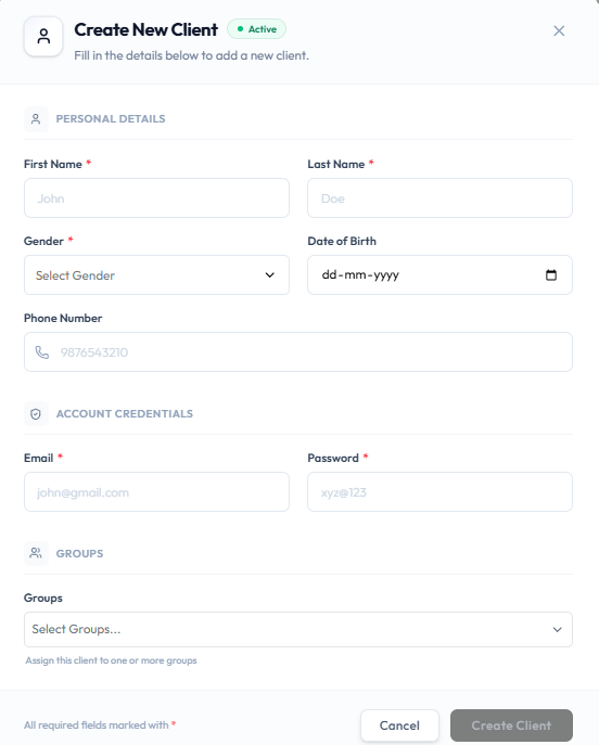 Create New Client form with personal details, account credentials, and groups