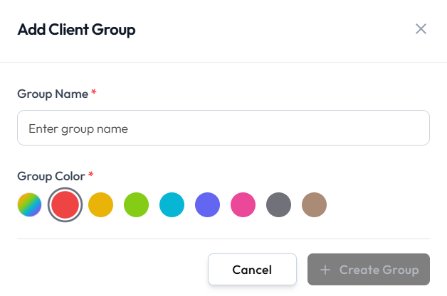 Add Client Group form with Group Name and Group Color