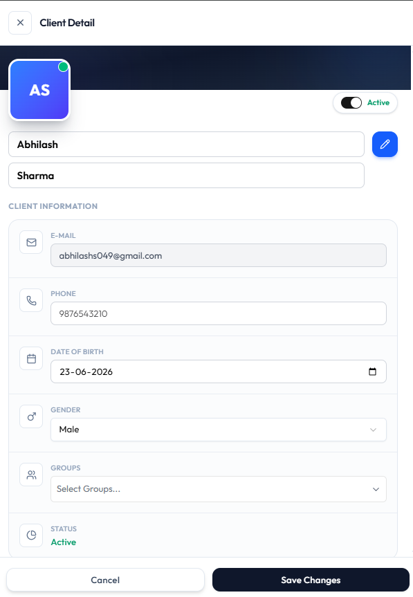 Client Detail edit form with name, contact fields, groups, Cancel, and Save Changes