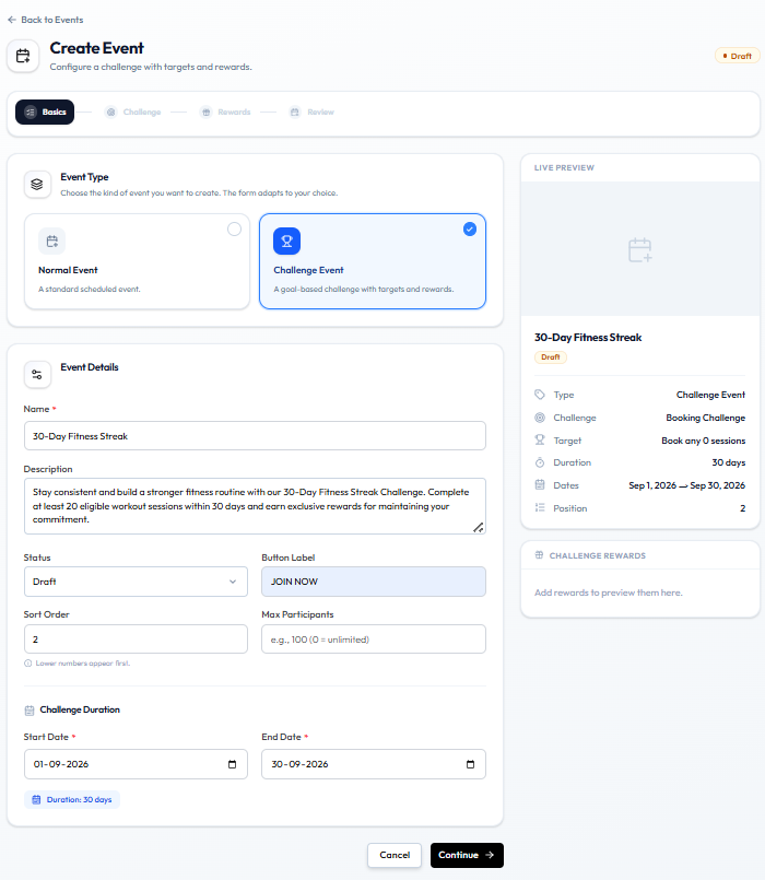 Create Event Basics with Challenge Event selected